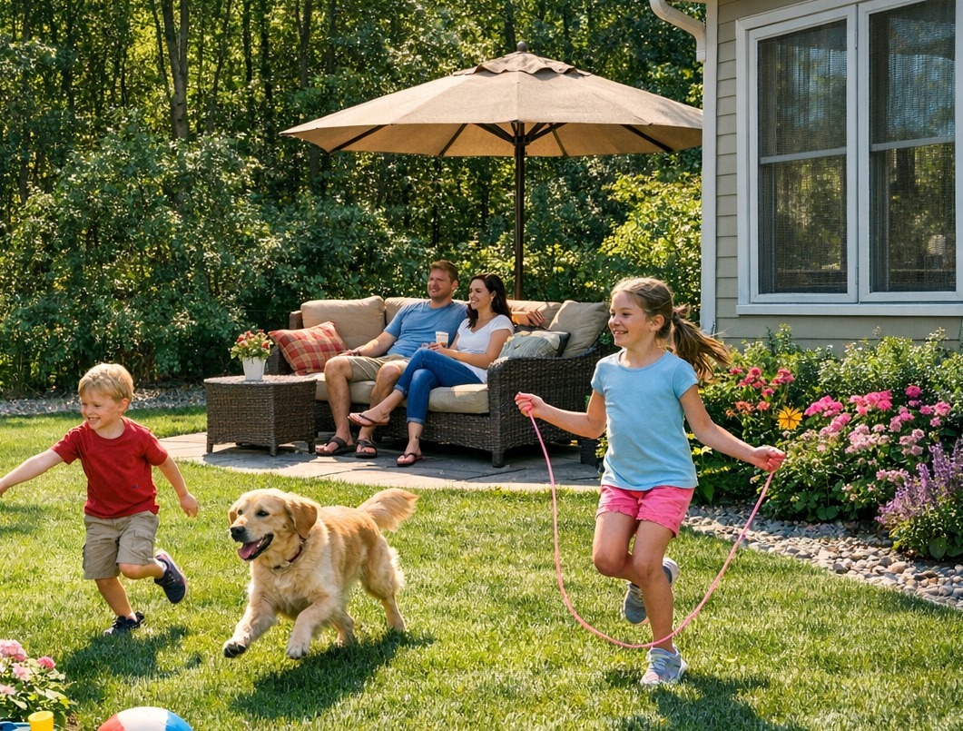 boy and girl playing outside with dog