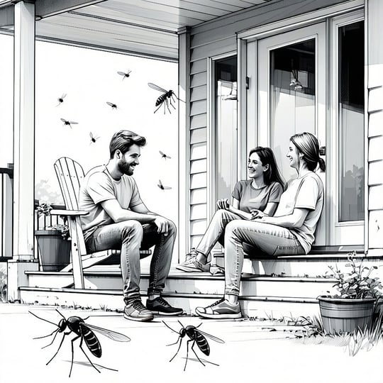 home at dusk with mosquitos waiting for their next meal