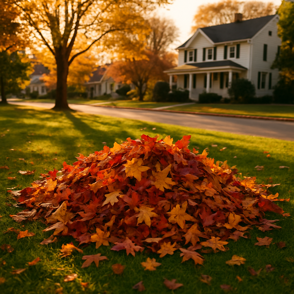 In a quaint suburban setting in the Northeast United States a vibrant pile of autumn leavesrich shades of crimson gold and burnt orangelies invitingly on a lush green lawn The soft golden light of the late afternoon sun filters through the trees cast