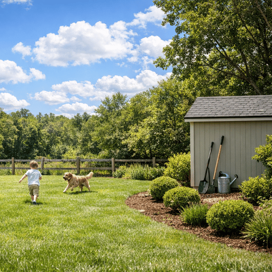 boy playing in lawn with dog