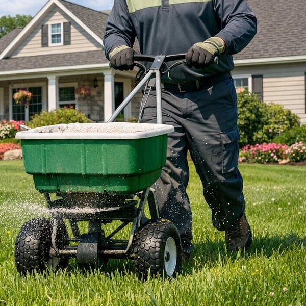 granular fertilizer being put down on a lawn in PA