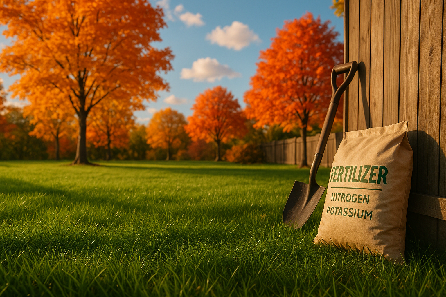photographic The image showcases a lush green lawn bathed in warm golden sunlight during a crisp autumn day Vibrant shades of orange and red from surr-1
