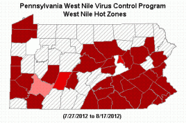 Image of PA counties with West Nile Virus risk
