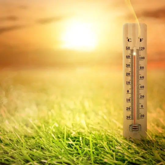 Thermometer with high temperature on the meadow with glowing sun background