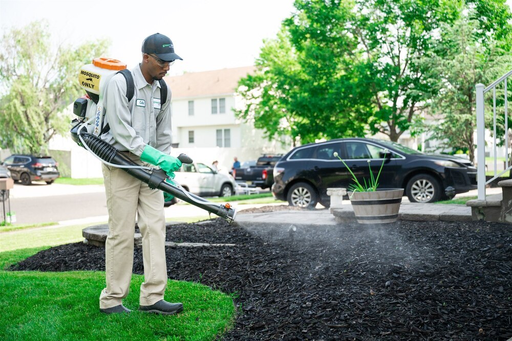 Technician treating mulch bed for mosquitos-1
